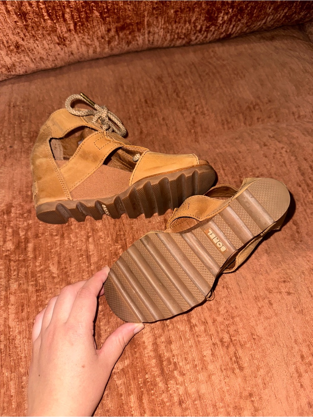 Sorel Tan Suede Wedge Sandals with Lug Sole